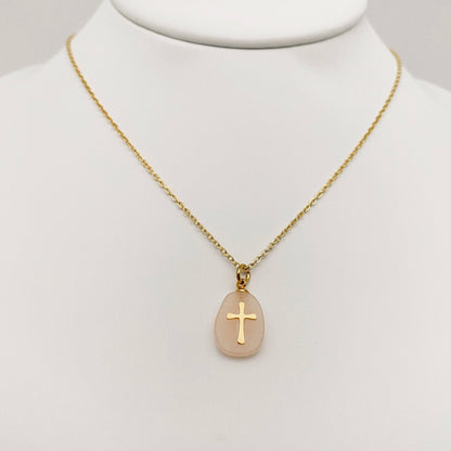 Natural Stone Stainless Steel Cross Pendant Necklace - CS