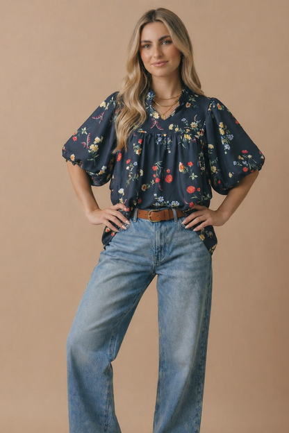 Navy Floral Notch Neck Empire Waist Top