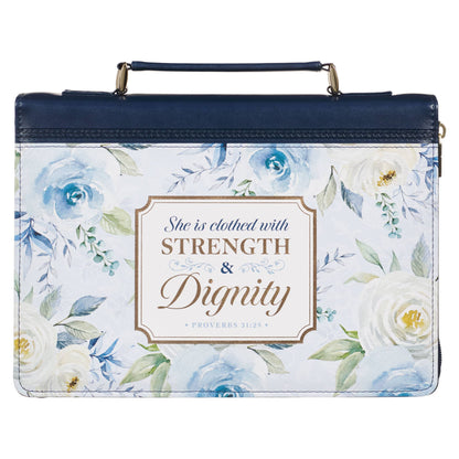 Christian Art Gifts - Bible Cover Fashion Navy Strength & Dignity Prov. 31:25