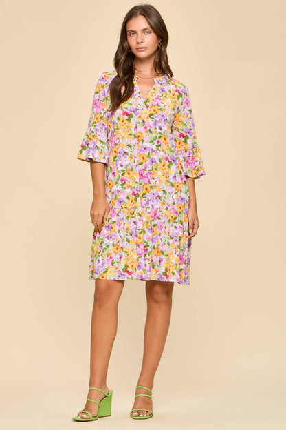 Dear Scarlett - Floral Print Shirred Tiered 3/4 Sleeve Dress