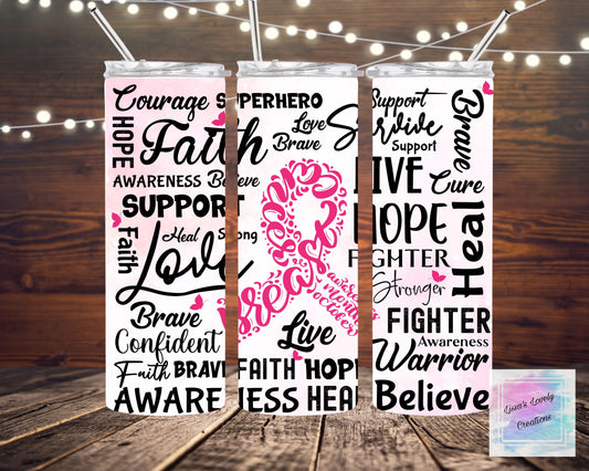 Breast Cancer Awareness Ribbon Word Art Tumbler