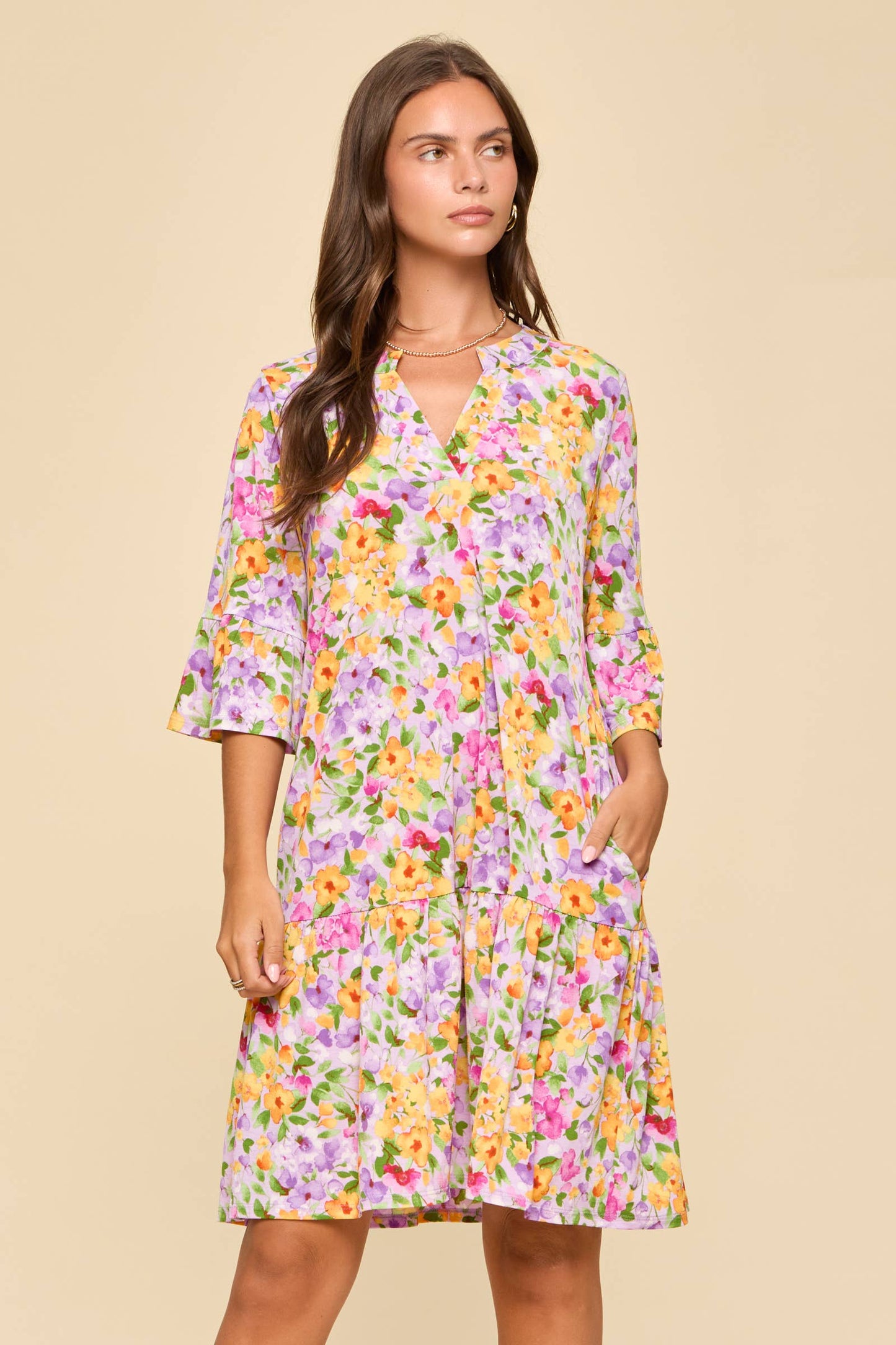 Dear Scarlett - Floral Print Shirred Tiered 3/4 Sleeve Dress