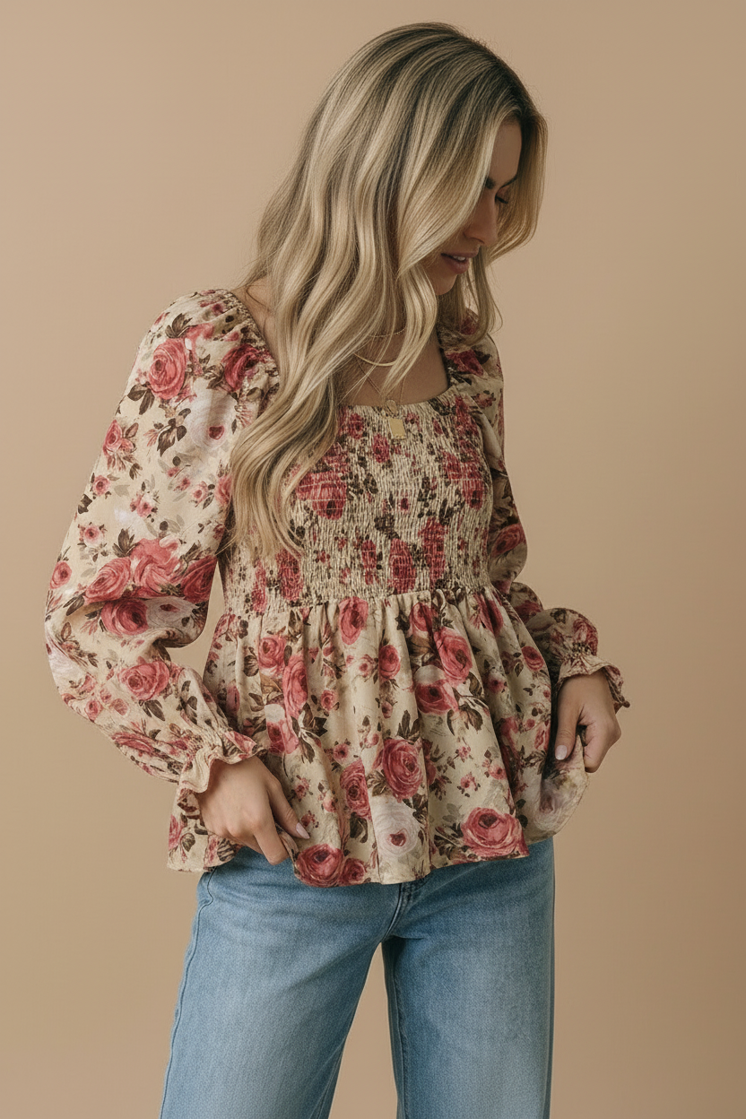 Floral V-neck Smocked Babydoll Top