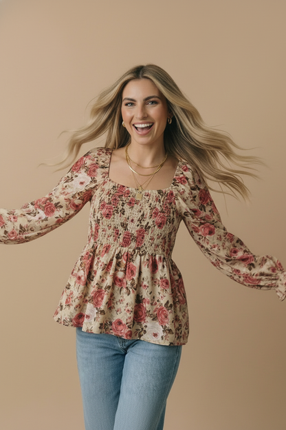 Floral V-neck Smocked Babydoll Top