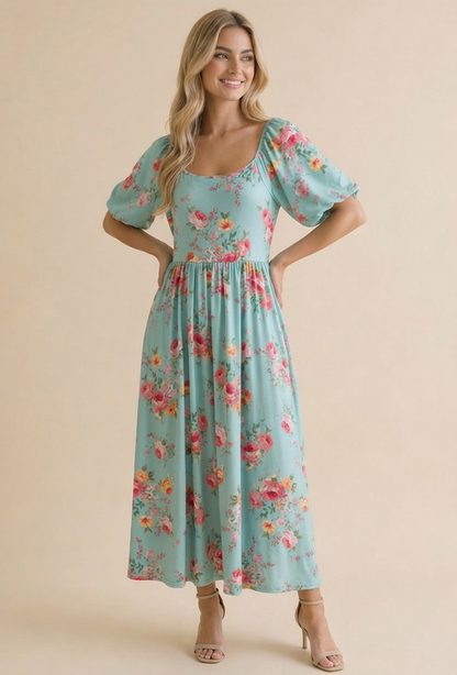 Mint Square Neck Floral Babydoll Dress