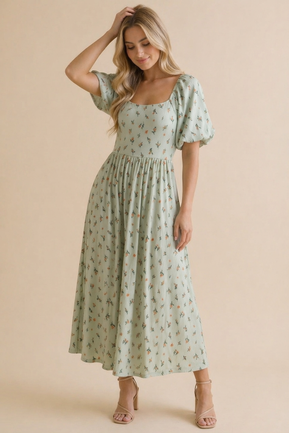 Floral Square Neck Babydoll Rib Knit Dress
