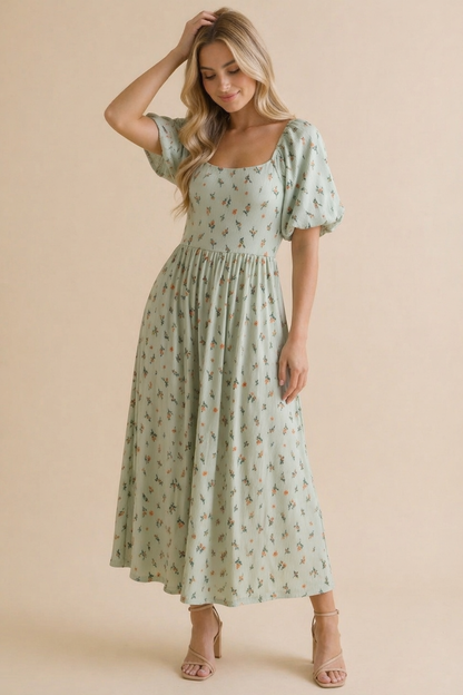 Floral Square Neck Babydoll Rib Knit Dress