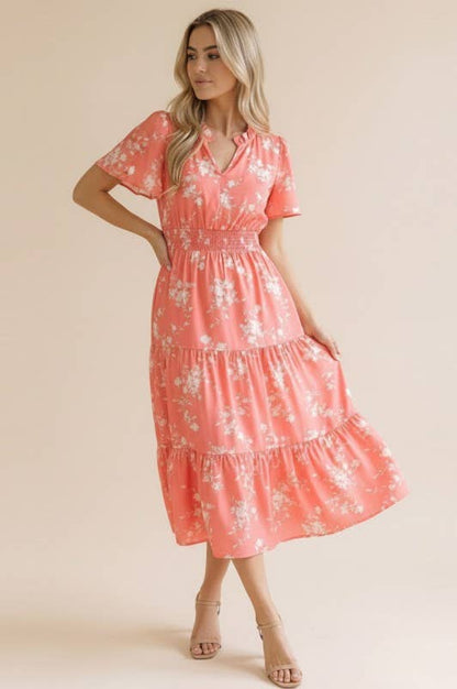 Coral Frilled Notch Neck Smocked Waist Floral Dress