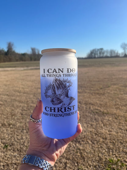 I can do all things through christ 20oz Glass Color Changing Tumbler (blue)