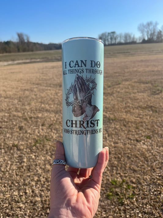 I can do all things through christ blue shimmer 20oz Tumbler