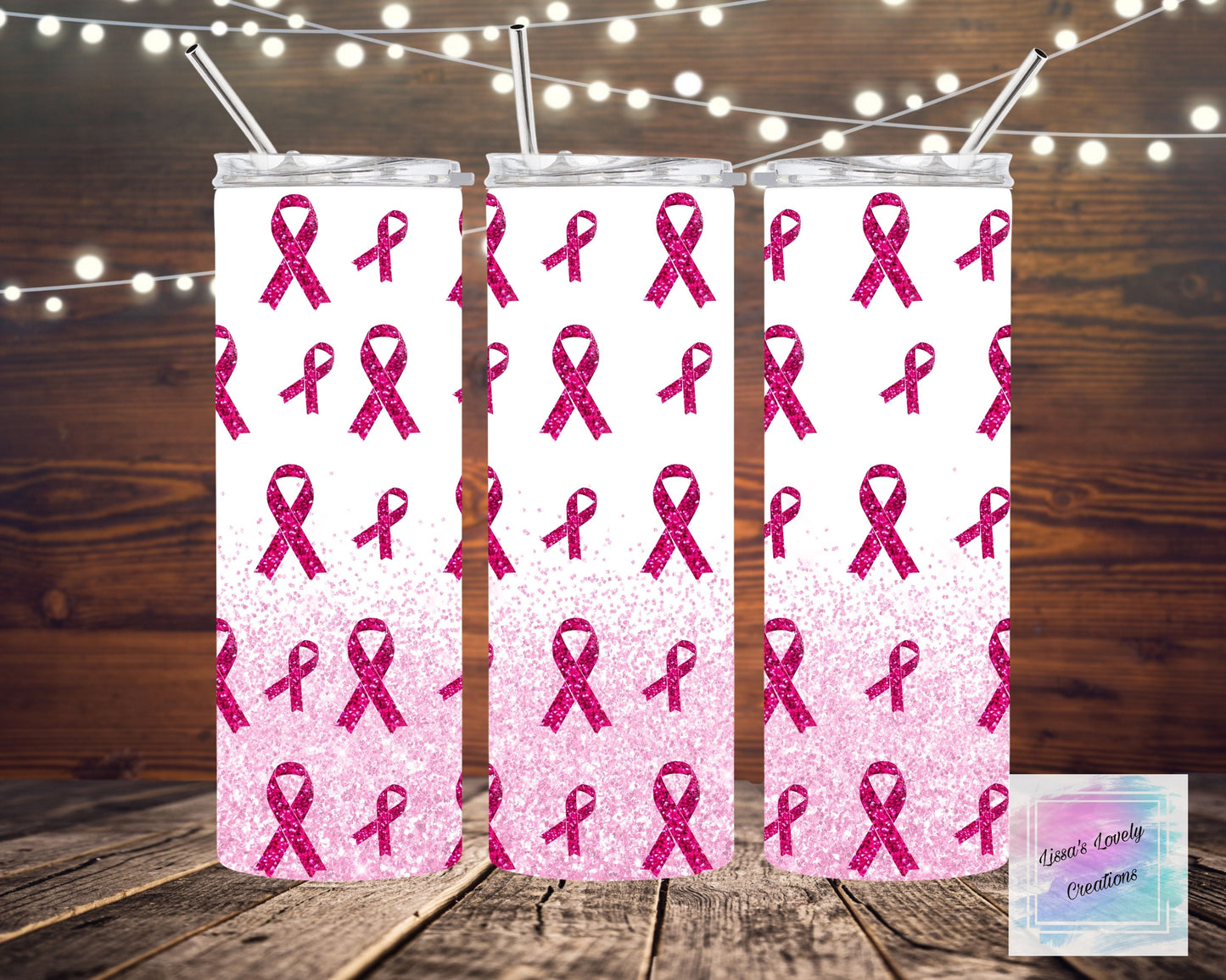 Breast Cancer Awareness Glitter Pink Ribbons over glitter Tumbler