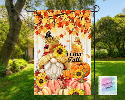 I Love Fall Garden Flag (sunflower gnome)