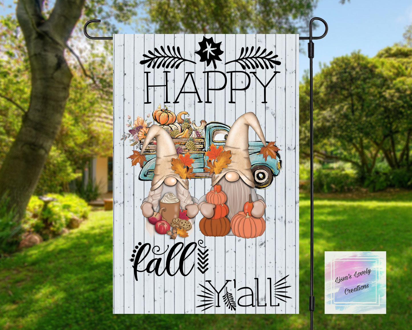 Happy Fall Y'all Garden Flag (gnomes,blue truck)