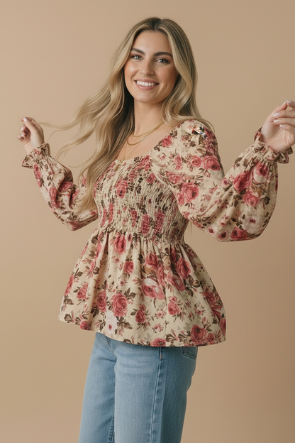 Floral V-neck Smocked Babydoll Top