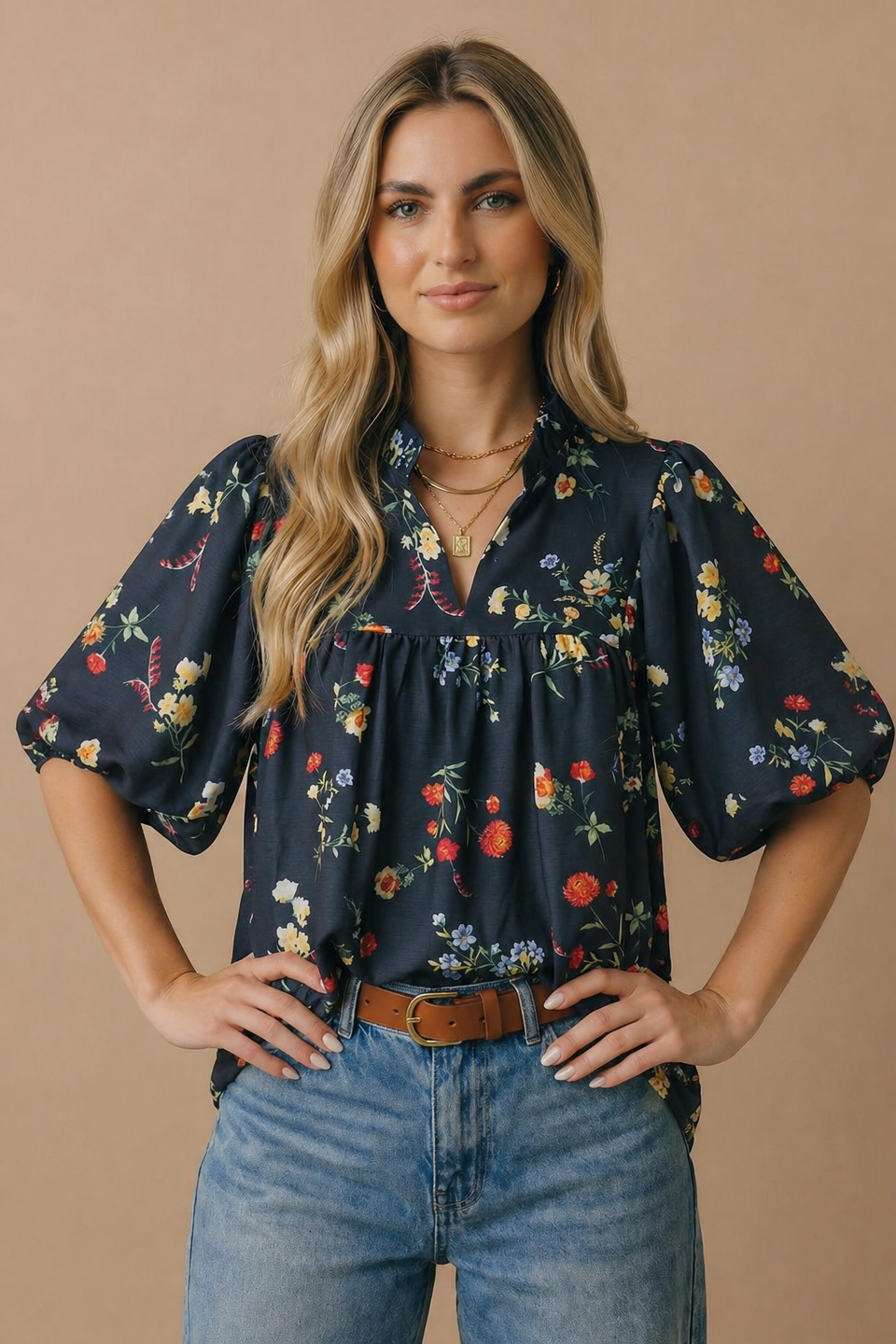 Navy Floral Notch Neck Empire Waist Top