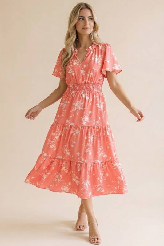 Coral Frilled Notch Neck Smocked Waist Floral Dress
