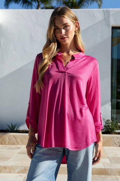 Dear Scarlett - Solid Lizzy Mandarin Collar 3/4 Sleeve Blouse