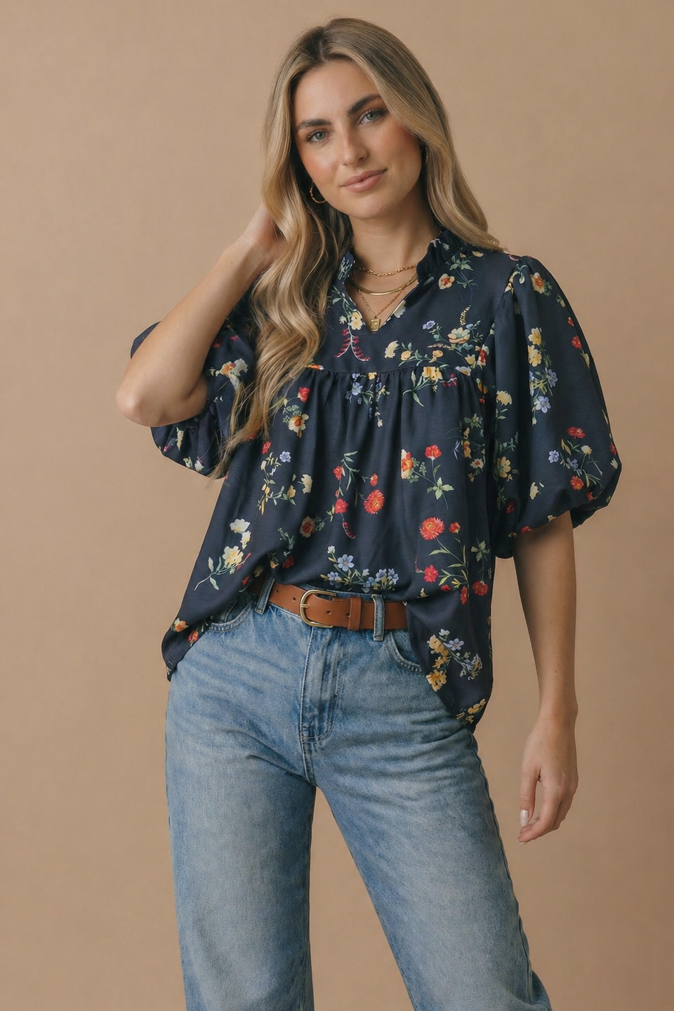 Navy Floral Notch Neck Empire Waist Top