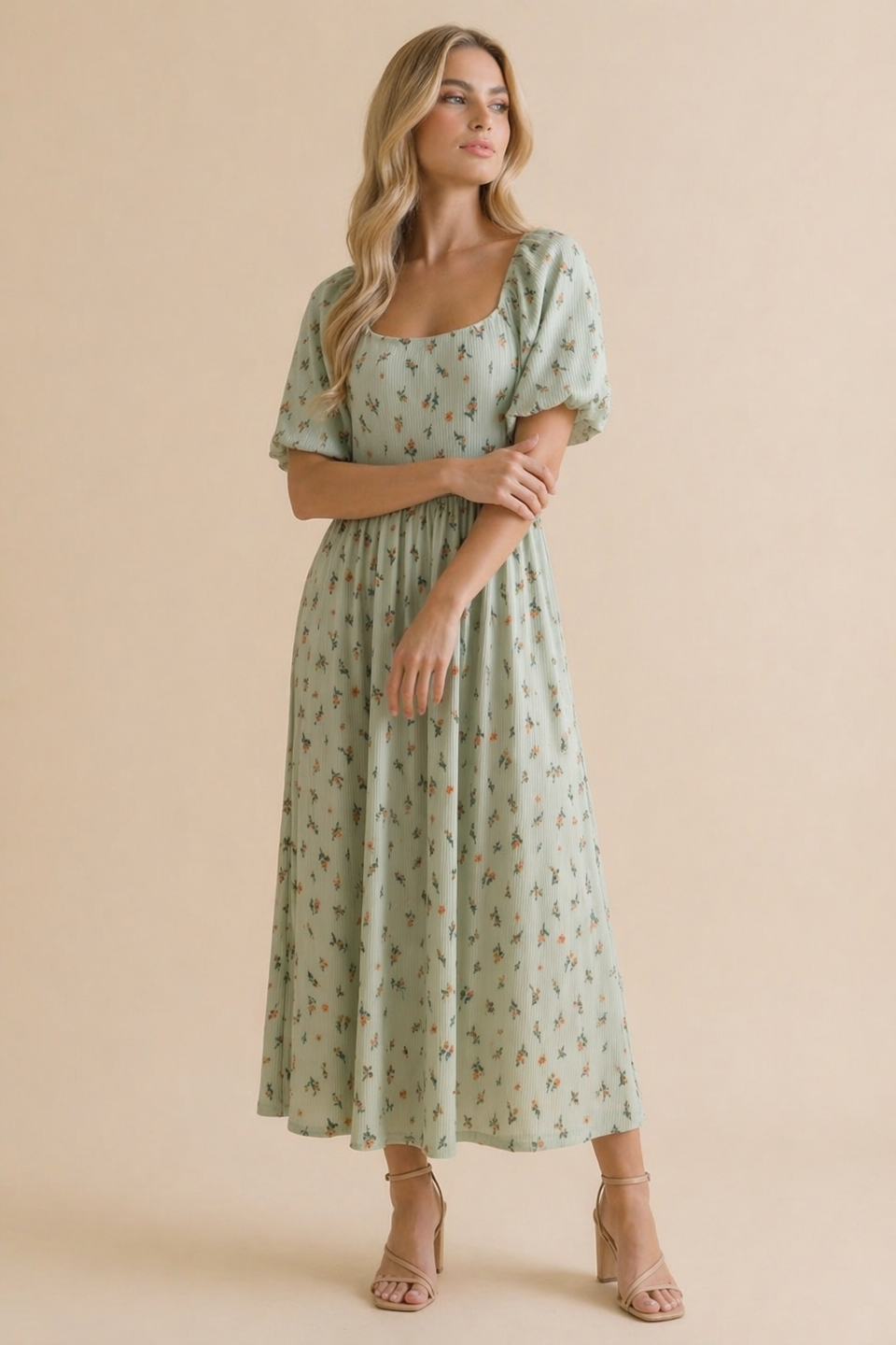 Floral Square Neck Babydoll Rib Knit Dress