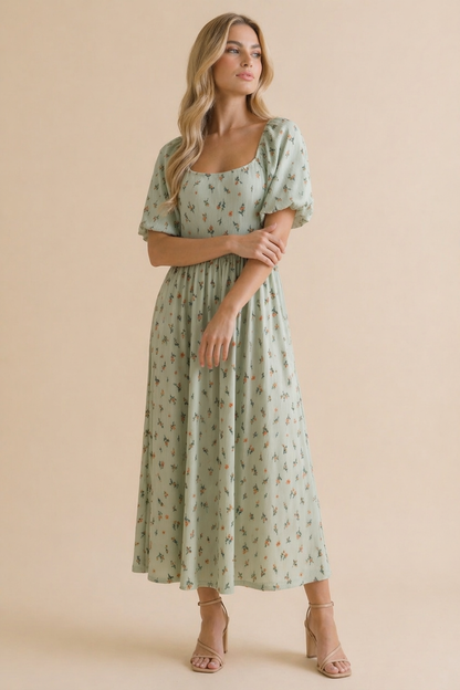 Floral Square Neck Babydoll Rib Knit Dress