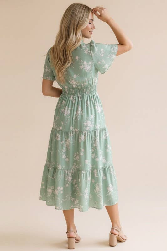 Coral Frilled Notch Neck Smocked Waist Floral Dress