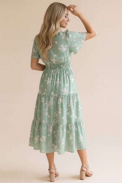Coral Frilled Notch Neck Smocked Waist Floral Dress