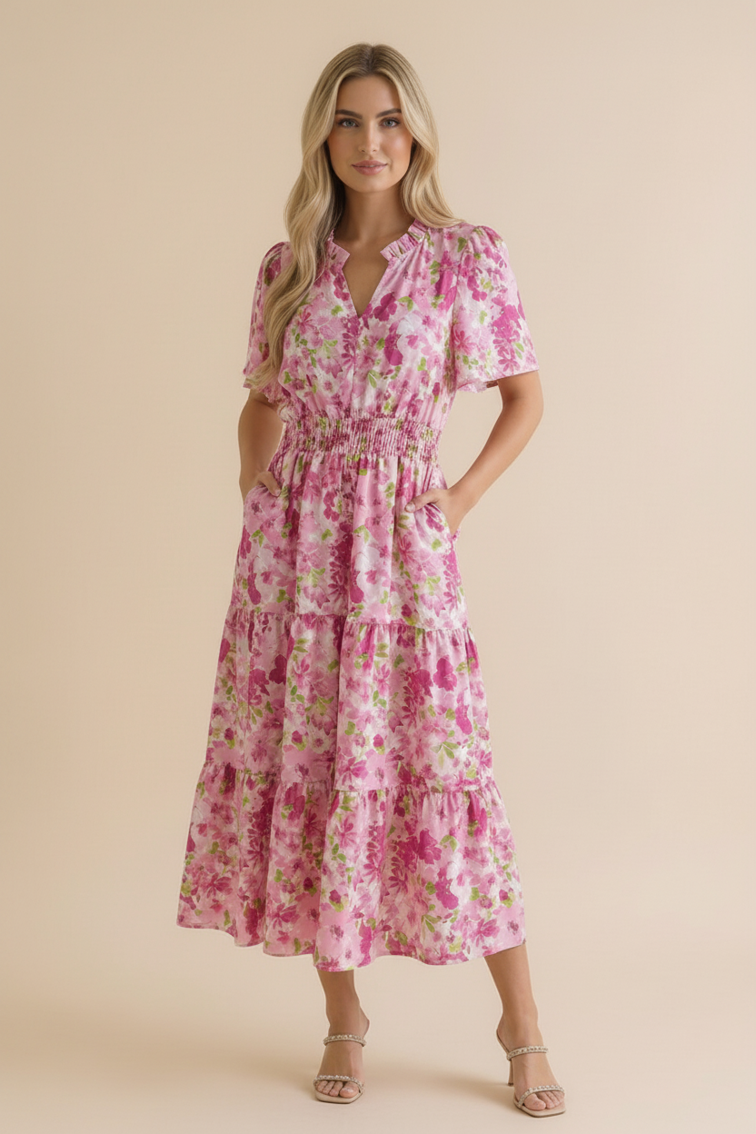 Puff Sleeve Smocked Waist Floral Maxi Dress