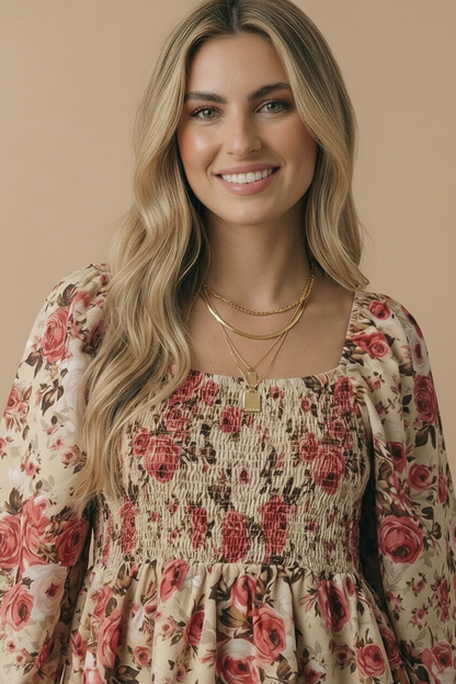 Floral V-neck Smocked Babydoll Top