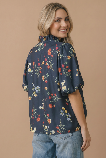 Navy Floral Notch Neck Empire Waist Top