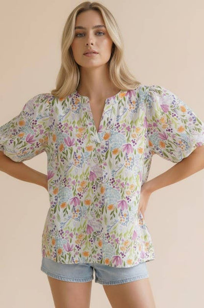 Ivory Notch Neck Puff Sleeve Floral Woven Top