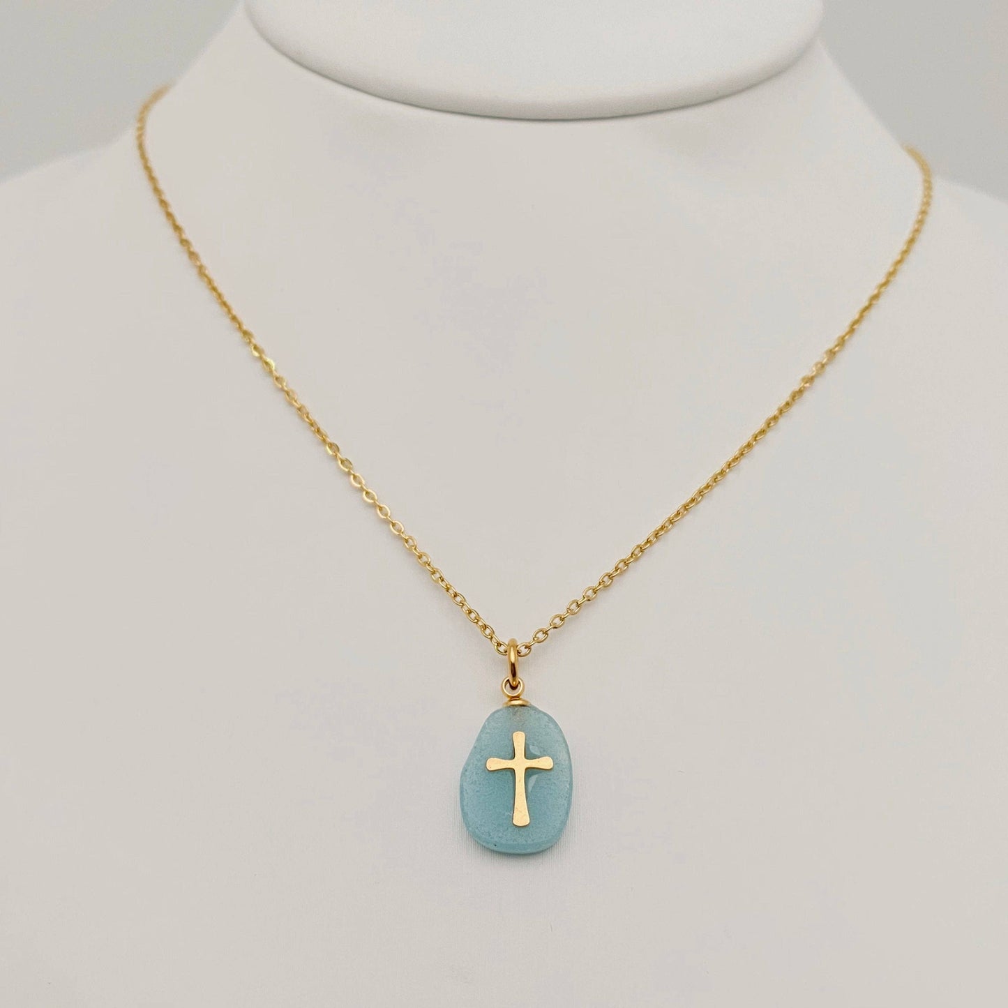 Natural Stone Stainless Steel Cross Pendant Necklace - CS