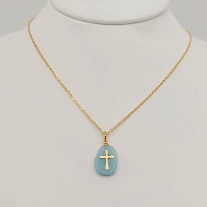 Natural Stone Stainless Steel Cross Pendant Necklace - CS