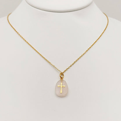 Natural Stone Stainless Steel Cross Pendant Necklace - CS