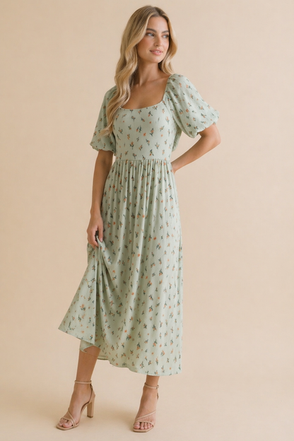 Floral Square Neck Babydoll Rib Knit Dress