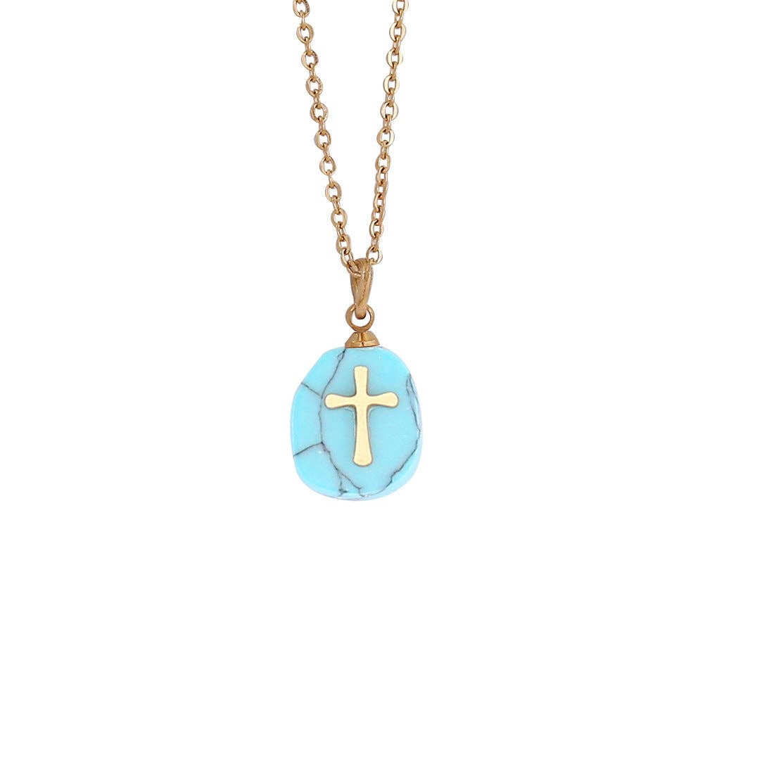 Natural Stone Stainless Steel Cross Pendant Necklace - CS