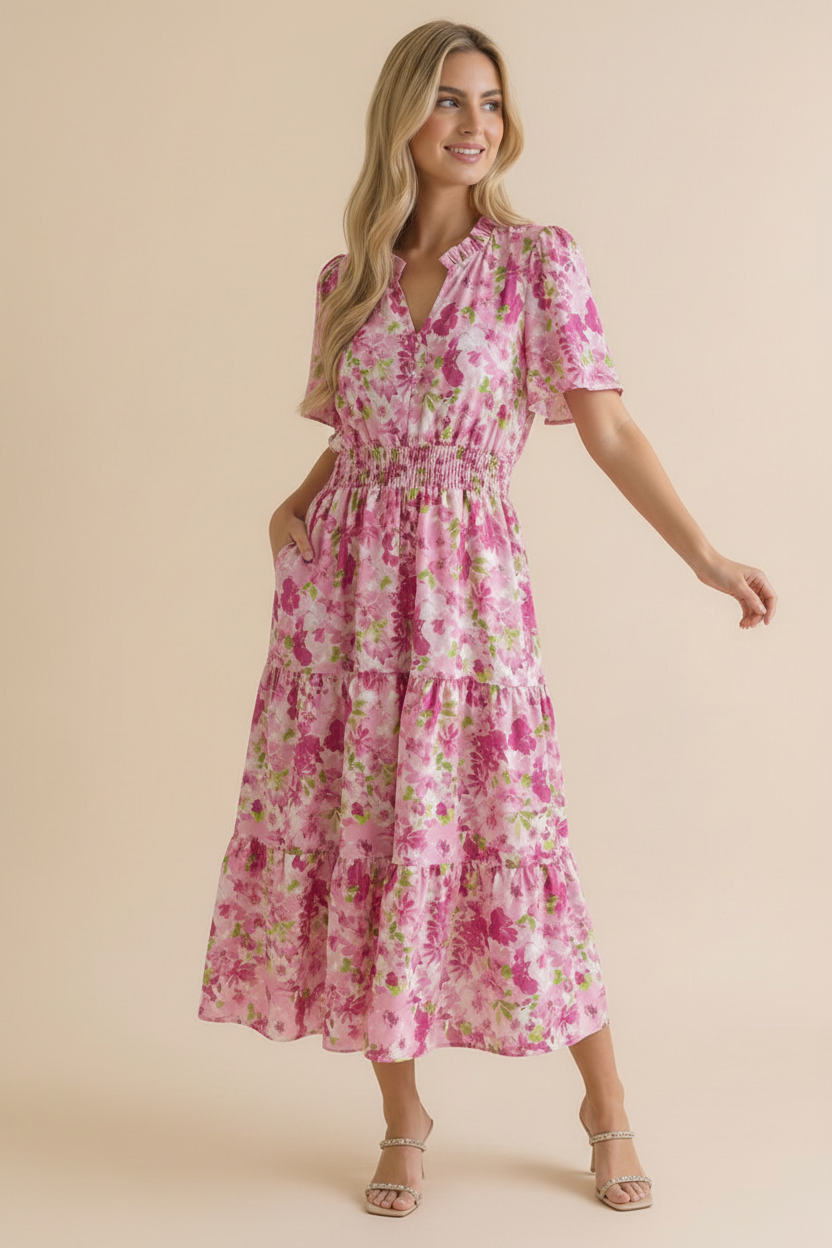 Puff Sleeve Smocked Waist Floral Maxi Dress