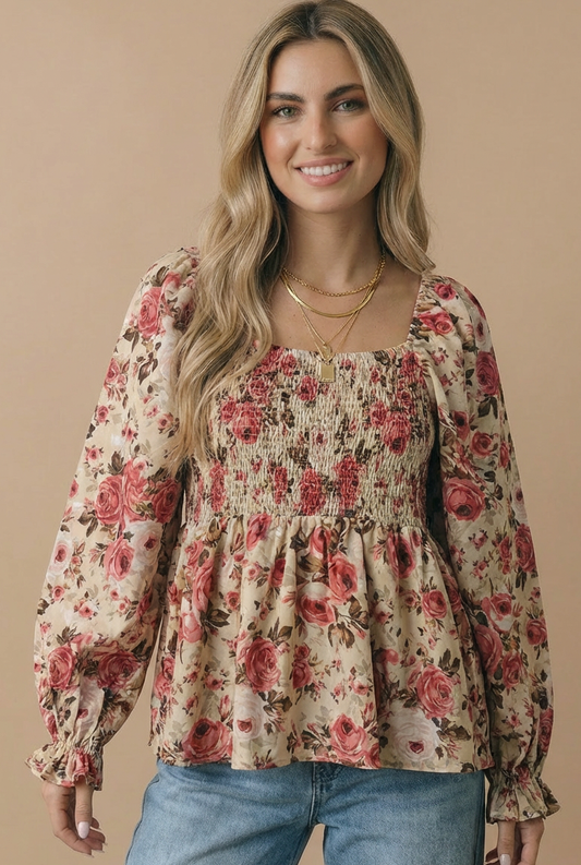 Floral V-neck Smocked Babydoll Top