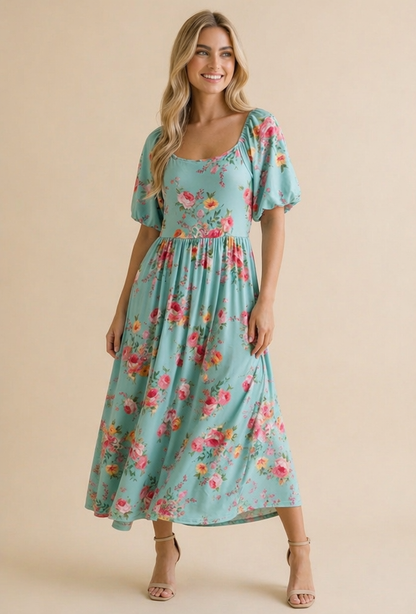 Mint Square Neck Floral Babydoll Dress