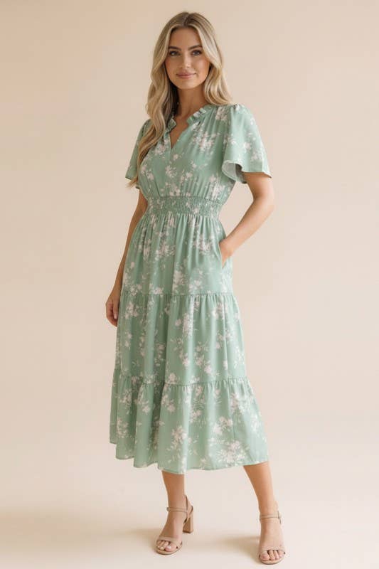 Coral Frilled Notch Neck Smocked Waist Floral Dress