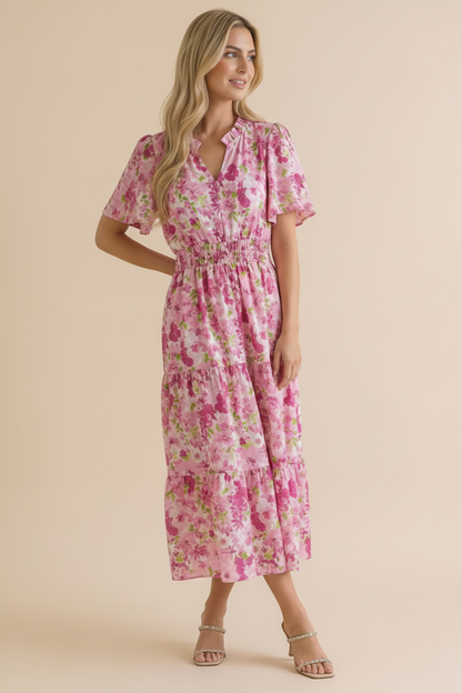 Puff Sleeve Smocked Waist Floral Maxi Dress