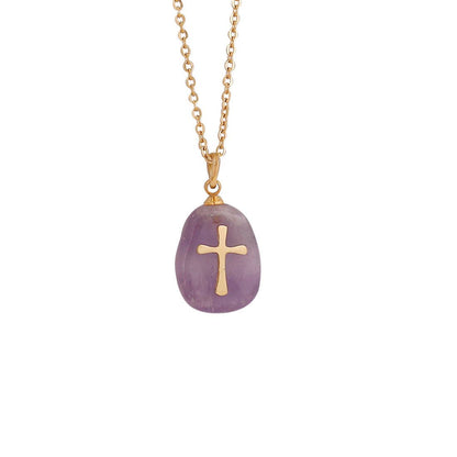Natural Stone Stainless Steel Cross Pendant Necklace - CS