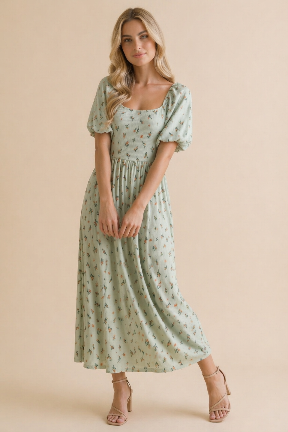 Floral Square Neck Babydoll Rib Knit Dress