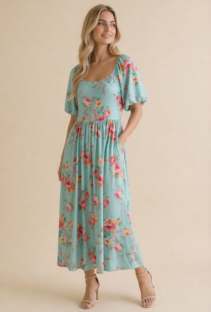 Mint Square Neck Floral Babydoll Dress
