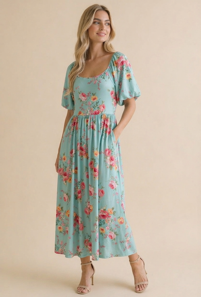 Mint Square Neck Floral Babydoll Dress