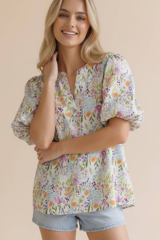 Ivory Notch Neck Puff Sleeve Floral Woven Top